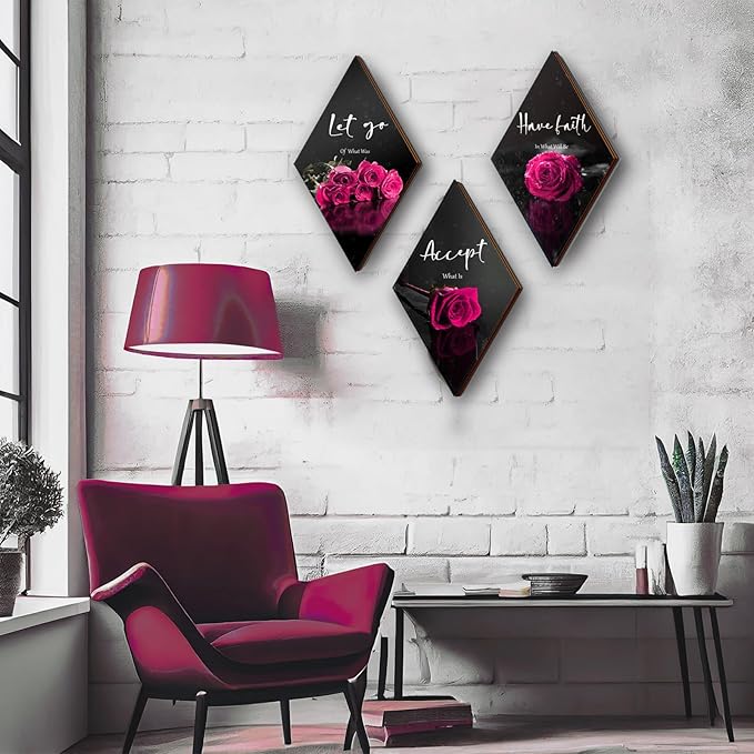 3 Pcs Pink Wall Decor Pink Rose Bathroom Decor Farmhouse Bedroom decor Inspirational Wood Office Wall Art with Accept Let Go Have Faith Sign for Girl Women Living Room Bedroom(12x7 Inch)