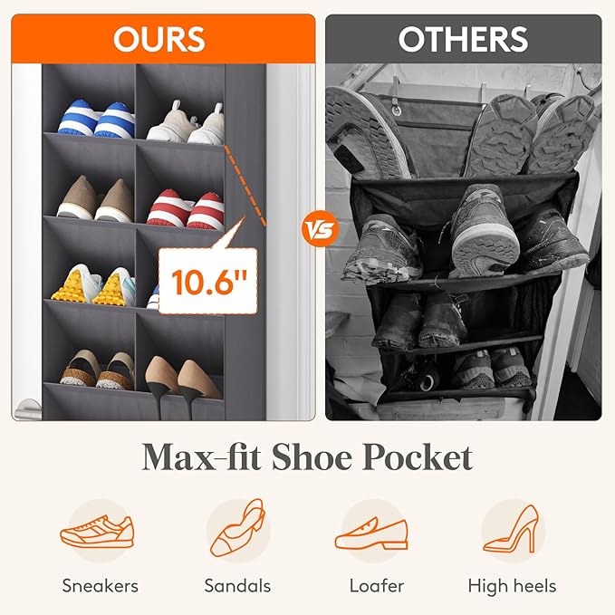 Lifewit 10 Tier Over the Door Shoe Organizer with 19 Large Deep Pockets, Fabric Hanging Shoes Shelf for Closet, Dorm Storage, Fit Up to 20 Pair Shoe Rack Holder for Sneakers, Boots, Gray