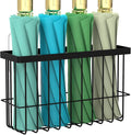 Umbrella Stand Wall Mount - Metal Wire Storage Rack for Entryway, Door & Office - Space Saving Adhesive Organizer Holder for Long & Short Umbrellas, Walking Canes - No Drill Install (Black)