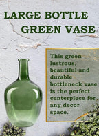 Serene Spaces Living Green Bottleneck Glass Vase, Vintage Floor Vase, Long-Stemmed Floral Container, Decorative Centerpiece for Coffee Table, Office, Wedding, 7.48" Diameter & 12" Tall, Set of 4