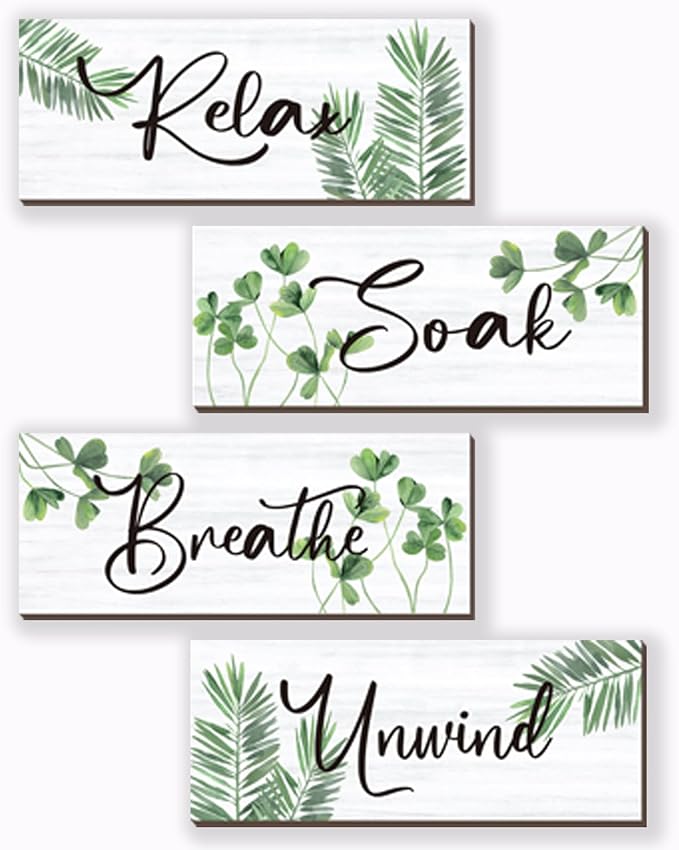 ONIZHITY 4 Pcs Large Farmhouse Bathroom Wall Decors Relax Soak Unwind Breathe Wooden Word Sign Green Hanging Wall Art Rustic Office Wall Decor for Bedroom Living Room Decor(Green Leaves 14X5.5 Inch)
