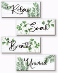 ONIZHITY 4 Pcs Large Farmhouse Bathroom Wall Decors Relax Soak Unwind Breathe Wooden Word Sign Green Hanging Wall Art Rustic Office Wall Decor for Bedroom Living Room Decor(Green Leaves 14X5.5 Inch)