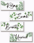 4 Pcs Farmhouse Bathroom Wall Decors Relax Soak Unwind Breathe Wooden Word Sign Green Hanging Wall Art Rustic Office Wall Decor for Bedroom Living Room Vintage Decorations(Green Leaves 10X4 Inch)