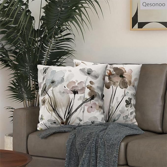 KKVEE Flower Throw Pillow Covers 18x18 Set of 2, Flowers Pillow Cushion Cases, Modern Decorative Square Pillowcases for Sofa Couch Bedroom Living Room Car