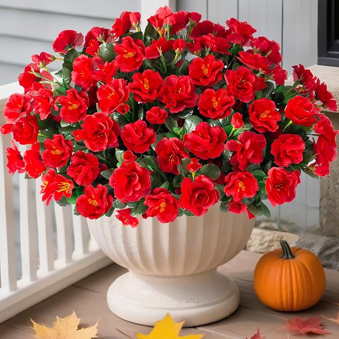 Artificial Christmas Flowers for Spring Outdoor Outside Decor, Fake Silk Red Camellia Flower UV Resistant Realistic Plants for Planter Front Door Porch Patio Table Indoor Holiday, 3 Large Bundles
