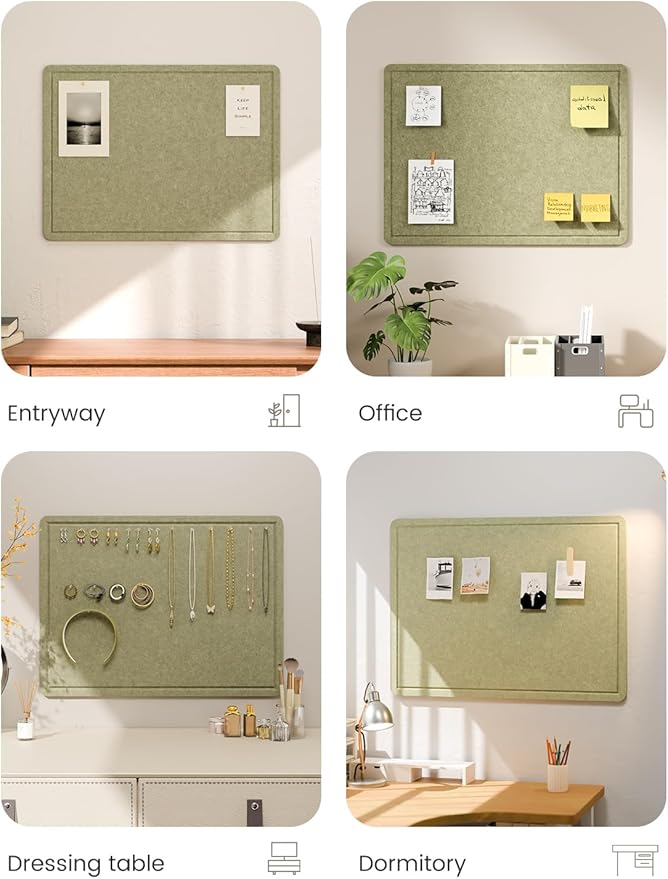 Fluxynara Bulletin Board, 23.6" x 17.5" Cork Board Alternative with 12 Safe Removable Adhesive Tabs, Foldable Felt Pin Board for Home Office, Classroom, Bedroom,Entryway for Walls—Olive Green