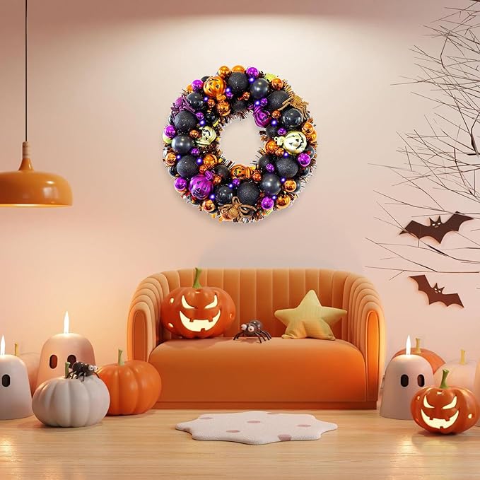 HipTree 13.8 Inch Halloween Ball Wreath for Front Door with Lights, Lighted Cute Treat-or-Trick Door Wreath Ball Ornament for Halloween Indoor Decorations Centerpiece Party Holiday Wall Home Decor
