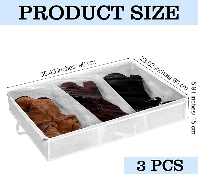 SATINIOR 3 Pcs 3 Section Under Bed Shoe Storage Boot Bag White Underbed Shoe Organizer with Large Clear Pockets Fabric for Storage Men's and Woman's Boots