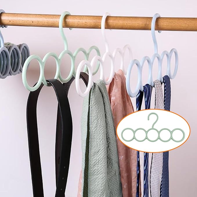 Coshar 5 Pack Scarf Hanger Holder Scarf Storage Organizer for Ties Belts Socks, Ring Hole Slots for Space Saving, Multiple Purpose Tie Belt Rack Organizer (2 White+ 3 Green)