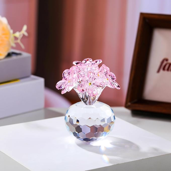 Qianwei Pink Crystal Flowers Figurine - Forget Me Not Gifts Sympathy Glass Flowers Collectible Figurines Decor Paperweight Ornament Home Office Table Desk Decorations