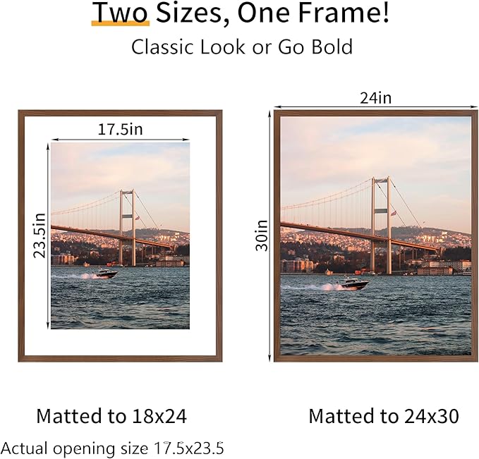 24x30 Picture Frame 3 Pack - Brown Poster Frame Display Pictures 18x24 with Mat or 24 x 30 Without Mat for Wall Hanging Horizontal and Vertical