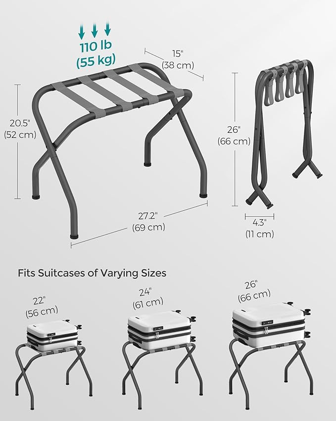 SONGMICS Luggage Rack for Guest Room, Set of 2 Suitcase Stands, Foldable Steel Frame, for Hotel, Bedroom, Holds up to 110 lb, 27.2 x 15 x 20.5 Inches, Slate Gray URLR001G02