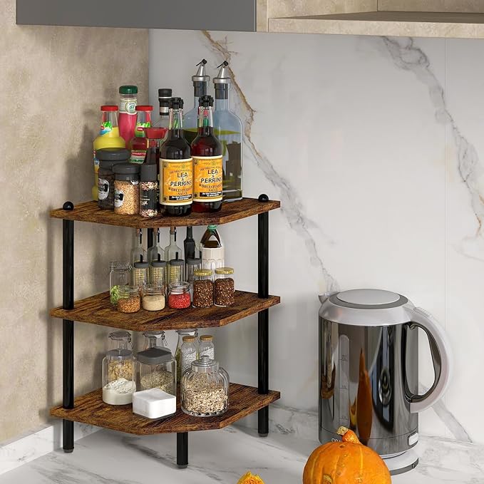 Desktop Corner Stand Shelf for Storage, 3 Tier Corner Shelf Organizer, Rustic Brown Rack for Small Spaces, Bedroom, Home Office, Kitchen, Bathroom