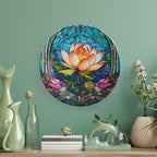 Decorative Plates for Wall Hanging, Water Lily Blue Stained Glass Print Ceramic Plate w/Display Stand, Home Decor for Kitchen Cabinets, Farmhouse Round Tray 6 Inch, Gift for Lotus Lover