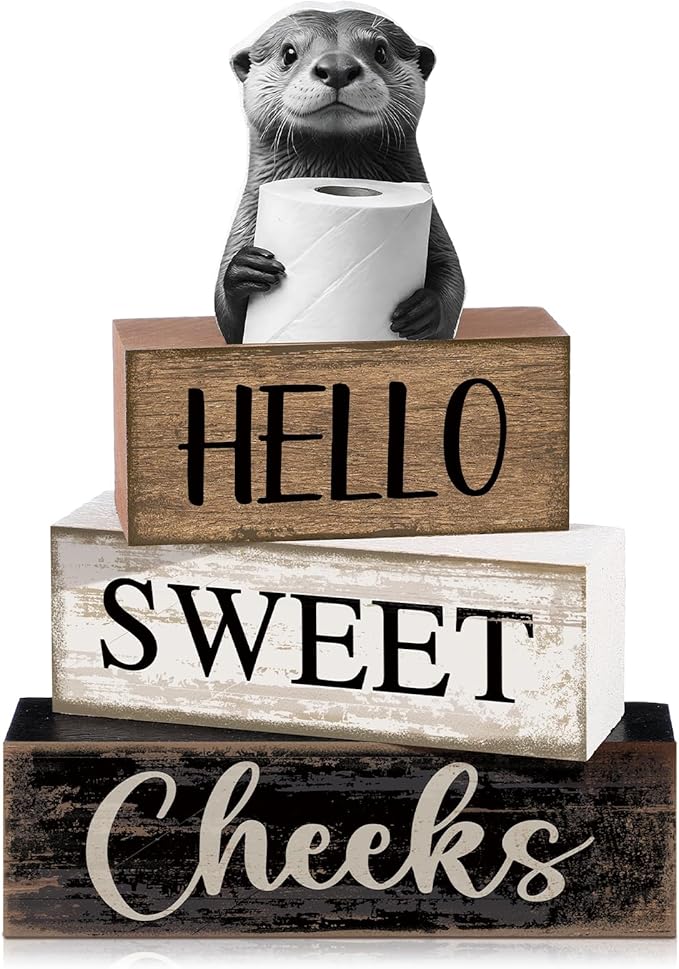 Moucuny 4 Pcs Otter Bathroom Decor Set Farmhouse Bathroom Decor and Accessories Rustic Hello Sweet Cheeks Wooden Blocks Signs with Toilet Paper Funny Toilet Shelf Decoration for Home Office Half Bath