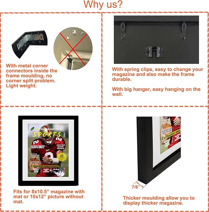 Goldfinch 4 Packs Sports Magazine Frames Displays Magazines Measuring 8 x 10.5 inches with White Core Matting,Suitable for 1994-Current Collector's Edition Sports Magazines with Installed Hangers