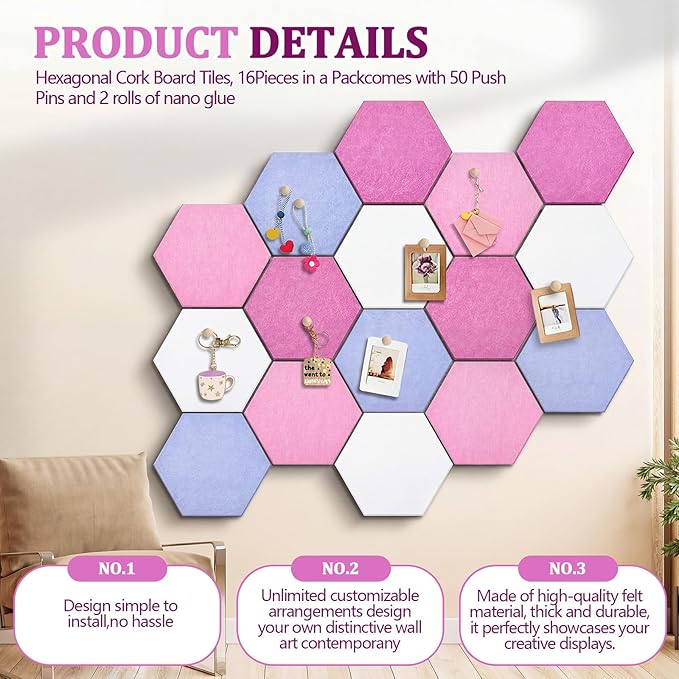 Mindsoft 16 Pcs Hexagon Cork Board for Walls with 50 Wooden Push Pins 12x10 in Felt DIY Tiles Notice with Nano Tape Hanging Bulletin Board for Home Photo Office Memo Note(Pink)