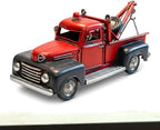 Vintage Red Tow Truck Decor Model, Classic Retro Metal Wrecker Truck Figurine, Distressed Rustic Collectible Sculpture for Home Office Shelf Desk Tabletop Decor