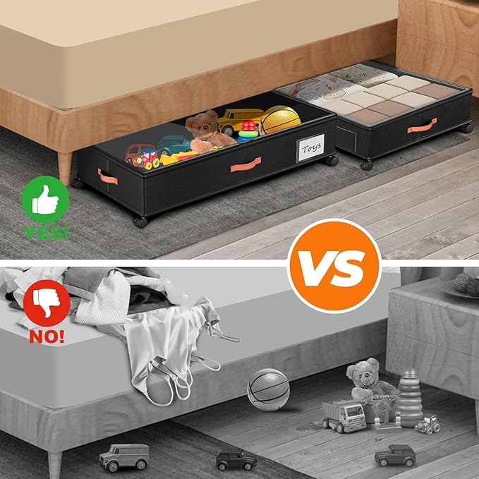 Under Bed Storage with Wheels,2-Pack Under Bed Storage Containers with Clear Lids,XXL Large Under the Bed Storage Organizer Bins With Handles,Space Saving Design for Clothes,Shoes,Books-Black