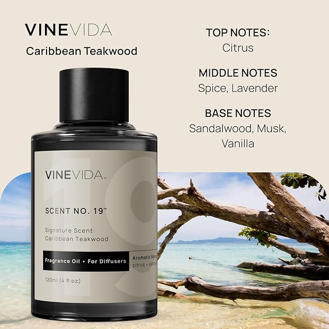 VINEVIDA [4 Fl Oz] Caribbean Teakwood Diffuser Oil - Hotel Collection Diffuser Oil, Hotel Scent Diffuser - Fragrance Oil for Cold Air Diffuser - Hotel Oil Scents - Hotel Scent Home