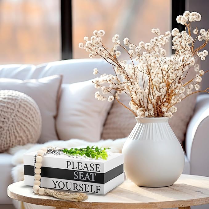 Capoda 3 Pcs Decorative Books for Home Decor Farmhouse Faux Stacked Books Wooden Rustic Table Decor with Bead Garland Twine Ribbon Faux Leaf for Table(Welcome)