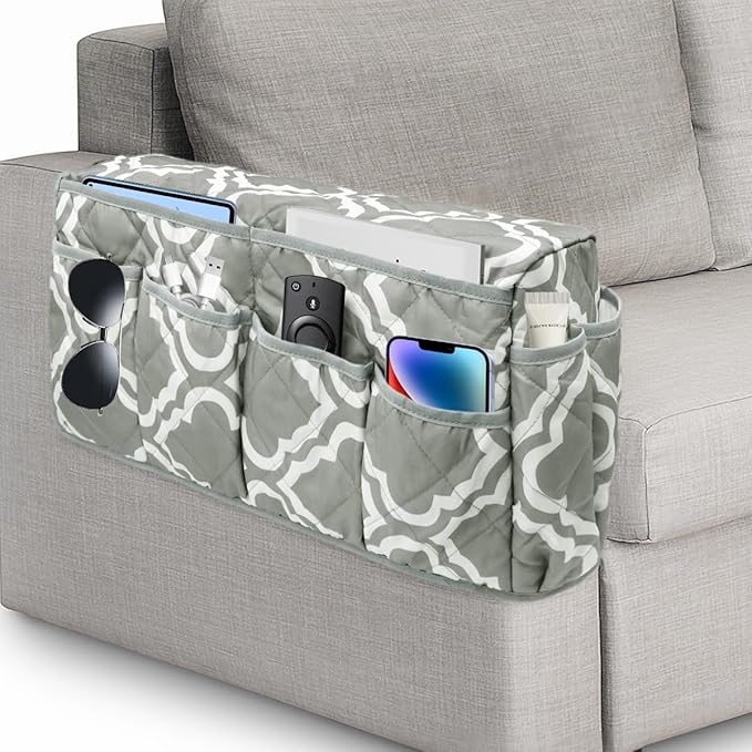 Remote Control Holder, Non Slip Bedside Armchair Caddy, Recliner Arm Caddy Armrest Organizer with 14 Pockets for Cell Phone TV Remote Control Magazines