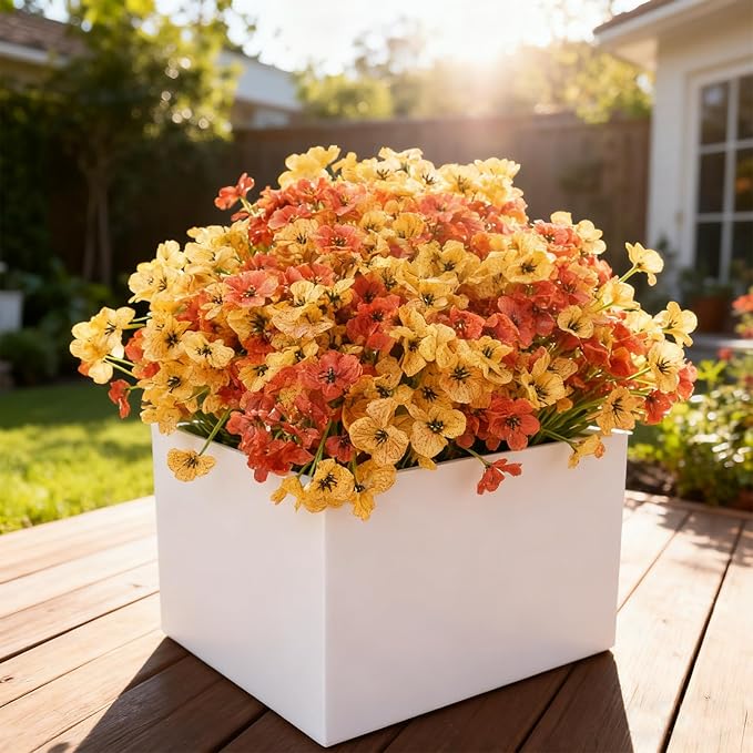Artificial Fall Flowers for Outdoor Faux Plants for Spring Summer Decoration, UV Resistant Realistic Silk Plastic Fake Autumn Fall Flowers Garden Porch Patio Balcony Yard Front Home Decor, 24 Bundles