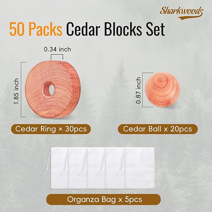 Cedar Blocks for Clothes Storage 50 Pack - 100% Natural Aromatic Cedar Rings and Balls for Closets & Drawers Freshener (30 Rings & 20 Balls)