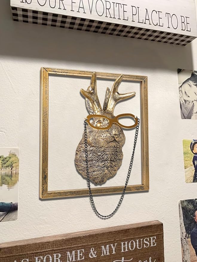 Newinhome Animal Heads Wall Decor (Includes Metal Frame) Resin Animals Sculptures Head Wall Hanging Decoration Gold vintage Wall Sculpture for Living Room Bedroom Office(Jackalope)