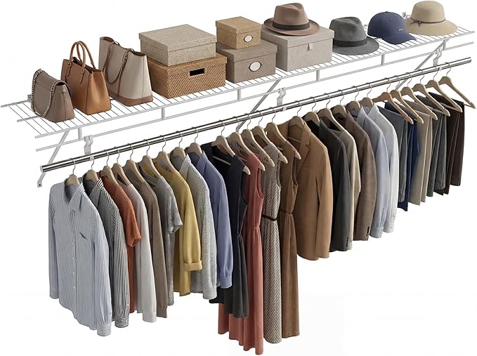 COSTWAY Closet Shelves Wall Mounted, Closet Shelf with Hanging Rod, Ventilated Metal Wire Shelving Kit, Wire Wall Shelf for Laundry Room, Bedroom, Home, Mounting Accessories Included (6 ft x 12 in)