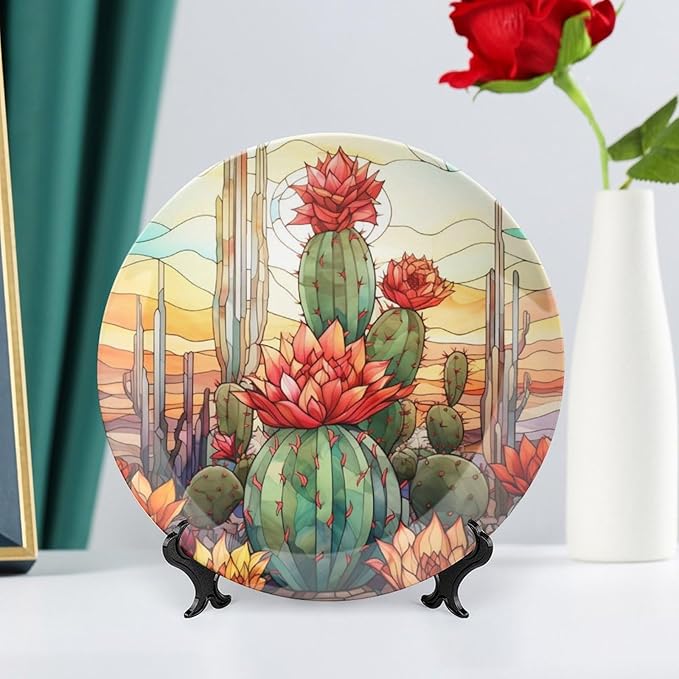 Decorative Plates for Home Decor, Cactus & Colorful Sky Stained Glass Design Decor Tray for Table Display, Ceramic Dinner Plate W/ Stand, Living Dining Room Decor, Gifts for Cactus Lover, 10 Inch