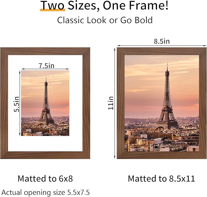 8.5x11 Picture Frame 3 Pack - Brown Poster Frame Display Pictures 6x8 with Mat or 8.5 x 11 Without Mat for Wall Hanging Horizontal and Vertical