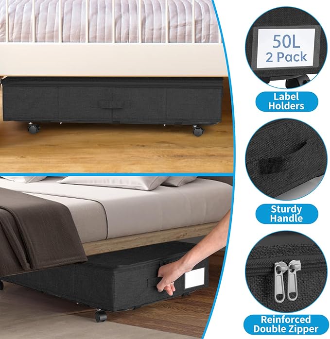 Under Bed Storage with Wheels & Lid, 2PCS Underbed Storage Container, 29.5 x 15.7 x 8.7 in Tall, Blankets Clothes Comforters Shoe Storage Bag Drawers, Rolling Zippered Organizer Bin -Black