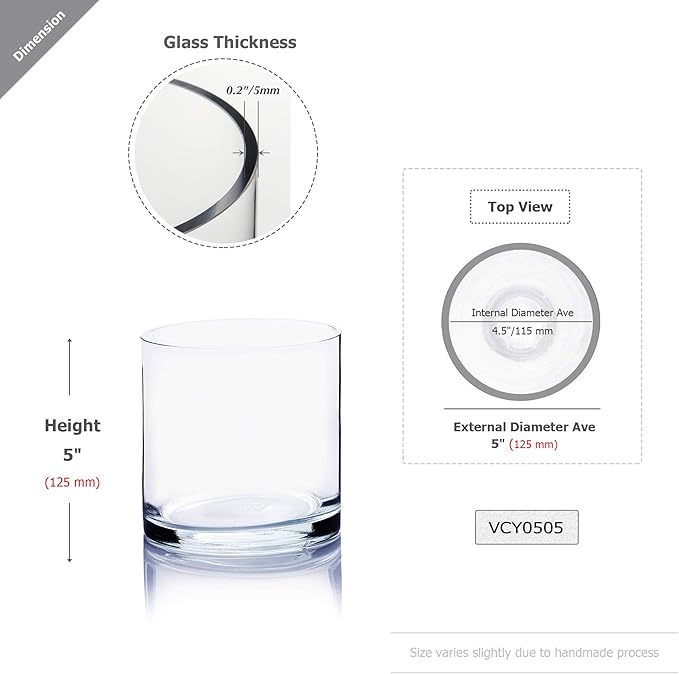 WGV Cylinder Glass Vase, Diameter 5", Height 5", Clear Glass Floral Planter Container, Floating Candle Holder for Wedding Party Event Home Office Decor, 1 Piece