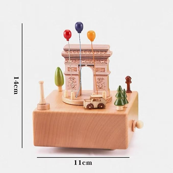 Natural Solid Wood Handcrafted Beech Wooden, Musical FigureTotoro/Carousel/Fairy/Ballerina Figurine,Rotating Hand Crank Mechanism Music Box,Musical Decorations (Arc de Triomphe)