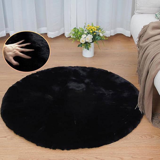 Black Round Plush Rugs for Bedroom Faux Bunny Fuzzy Washable Fur Area Rugs for Living Room Small Circle Nursery Rug 4ft Cute Room Décor