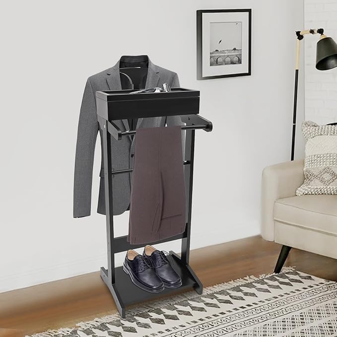 Suit Valet Stand, Suit Rack with Top Tray Velvet-Lined Jewelry Storage & Shoe Rack, Freestanding Clothing Valet Stand Clothes Stand for Storing Men & Women's Suit Pant Shoes Tie Belt Watches Jewelry