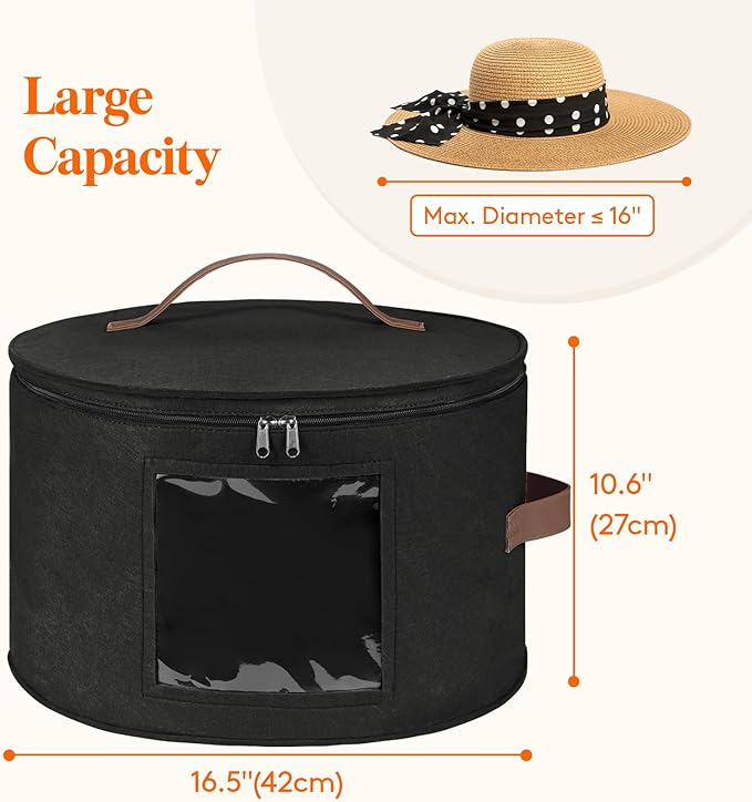 Lifewit Round Cowboy Hat Box for 7 Caps, Large Felt Hat Organizer Bag for Men&Women Storage, Baseball Cap Container with Lid for Travel, Foldable 16.5" Dx10.6 H Carrier, 37L Each, Black 1 Pack