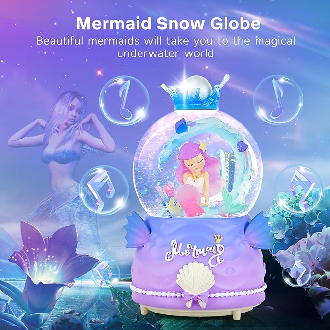 BREIS Snow Globe,3.15 Inch Mermaid Music Snow Globes with Automatic Snowflake LED Lights,Unique Birthday Christmas Valentine's Day Gift for Girls Kids Adults Home Decorations