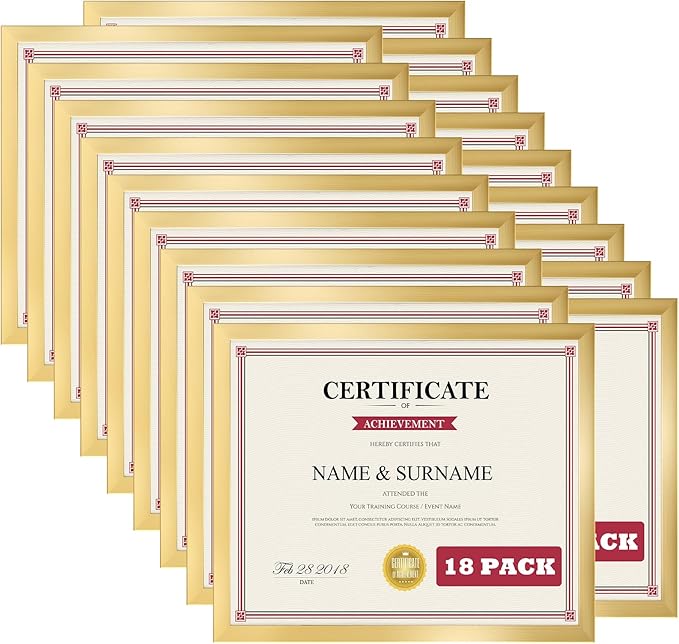 Giftgarden 8.5x11 Picture Frame Set of 18, Multi 8.5 by 11 Certificate Frames Bulk for Award Diploma Document office Wall or Tabletop Display, Gold