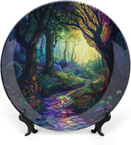 Stained Glass Theme Decorative Ceramic Plate Round Porcelain Plate,8 inch,Sunrise Forest Stream Pattern,for Decorative Ornaments Giving Plates, 1 Plate with 1 Display Stand,Multicolor