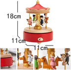 Natural Solid Wood Handcrafted Beech Wooden, Musical FigureTotoro/Carousel/Fairy/Ballerina Figurine,Rotating Hand Crank Mechanism Music Box,Musical Decorations (Red Merry-Go-Round)