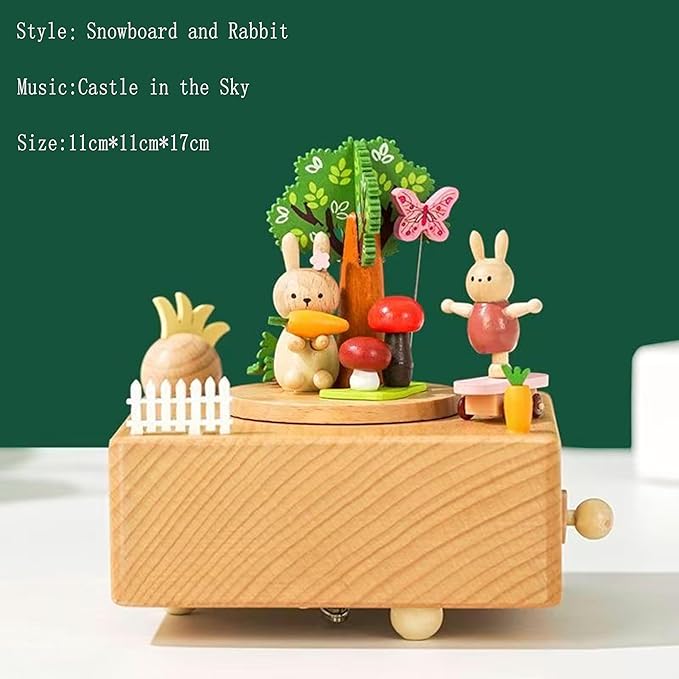 Natural Solid Wood Handcrafted Beech Wooden, Musical FigureTotoro/Carousel/Fairy/Ballerina Figurine,Rotating Hand Crank Mechanism Music Box,Musical Decorations (Snowboard and Rabbit)