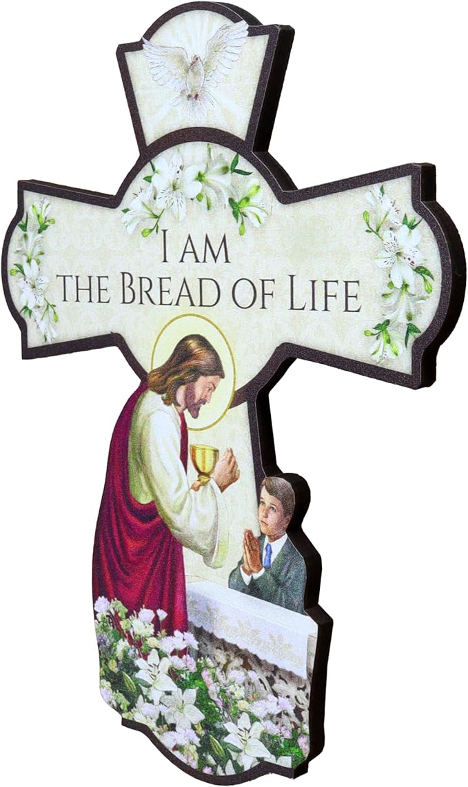 Needzo First Communion Wall Cross, I am the Bread of Life Hanging Decoration for Bedroom, Eucharist Keepsake and Catholic Gifts for Boys, 6 Inches