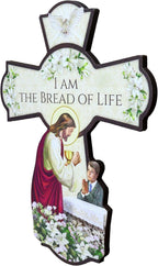 Needzo First Communion Wall Cross, I am the Bread of Life Hanging Decoration for Bedroom, Eucharist Keepsake and Catholic Gifts for Boys, 6 Inches