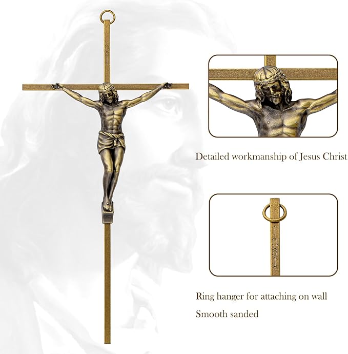 KUXBET Crucifix Wall Cross, Metal Vintage Wall Hanging Cross,10inch Antique Brass Jesus Crucifix Home Décor