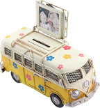 Vintage Camper Van Coin Bank with Photo Holder, Retro Hippie Van Decor with Tropical Flower Decals, Coastal Shelf Decoration, Yellow