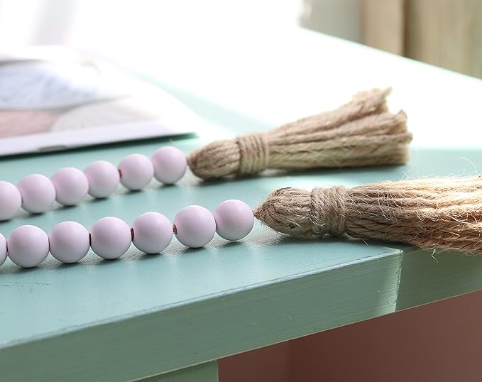 Meplait 39in Wood Bead Garland Farmhouse with Tassels,Versatile Prayer Beads Boho Chic Wall Hanging Home Decor (Pink)
