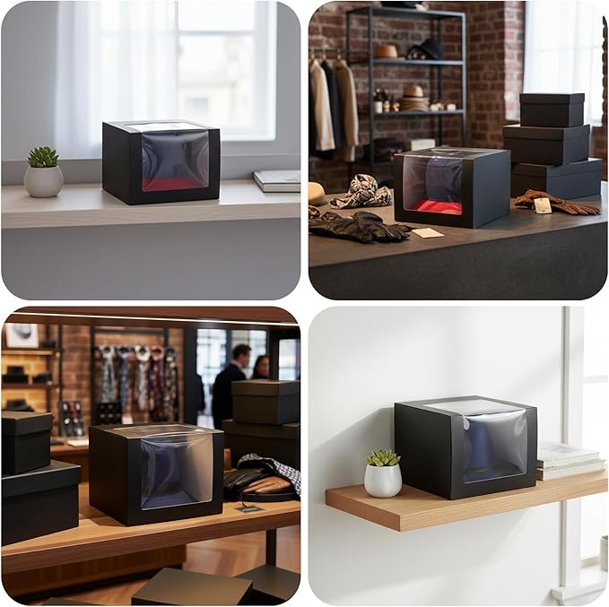 20pcs Hat Boxes for Men Black Hat Gift Box with Window Display Box for Hats Storage Containter,Paper Hats Display Case Fold Box Packing Box for Baseball Caps,Dad Caps,Billed Cap(7.87" x 7.87" x 4.72")