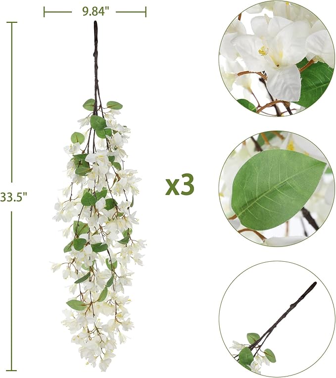 33.5" Bougainvillea Artificial Flowers Fake White Flowers, UV Resistant Long Sprays Artificial Bougainvillea Flowers for Indoor & Outdoor Decor, 3PCS Faux Hanging Flower for Home Room Wedding Porch